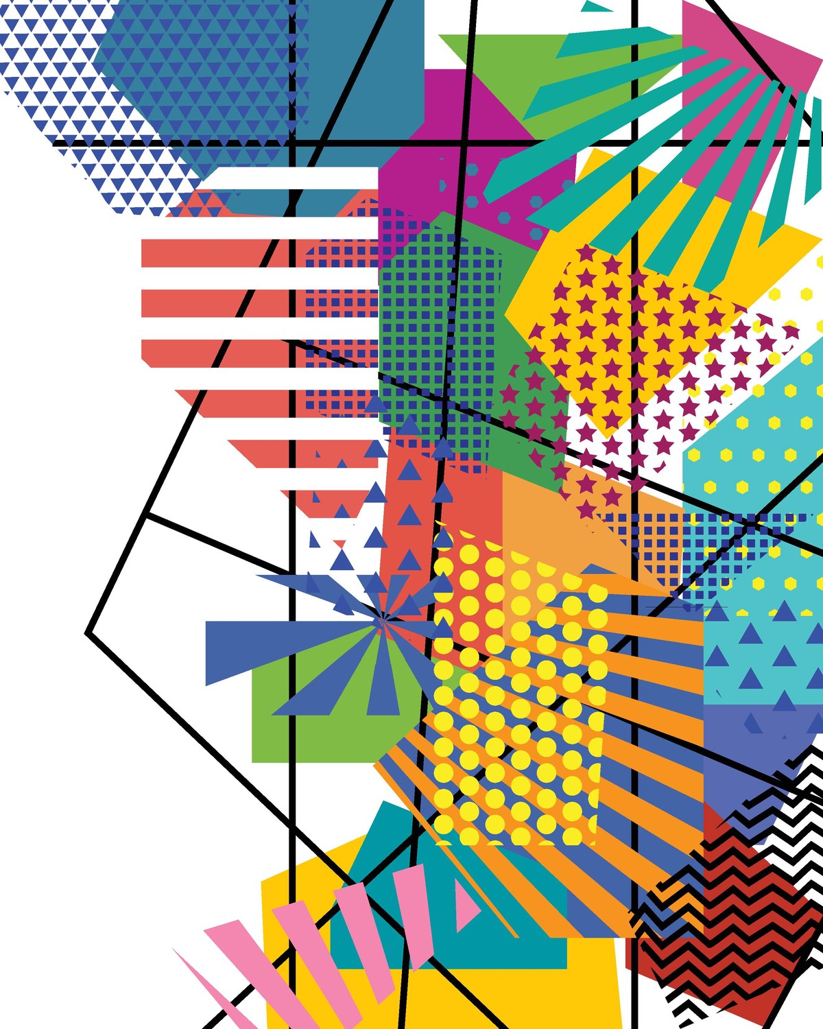 Dense geometric pop-art pattern of stars, dots, triangles and stripes in bright colors