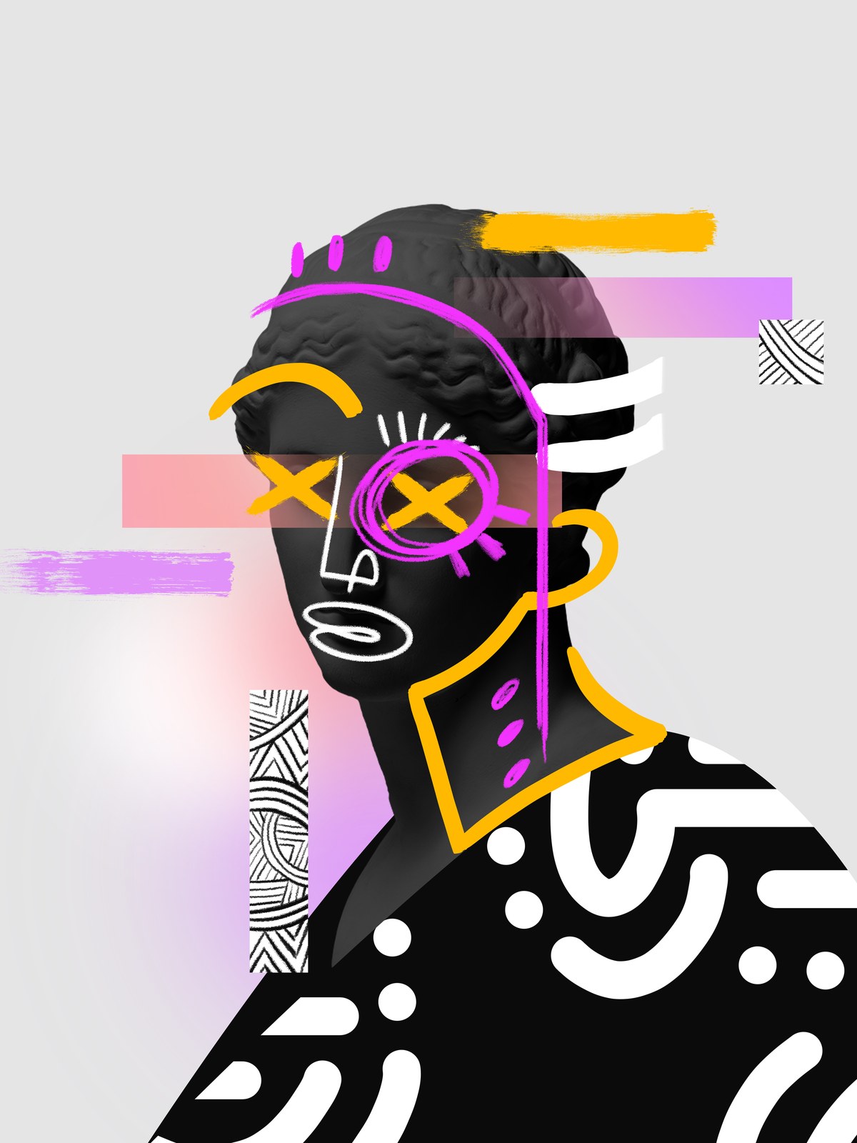 Pop-art portrait of a black classical bust marked with neon pink, yellow and white doodles