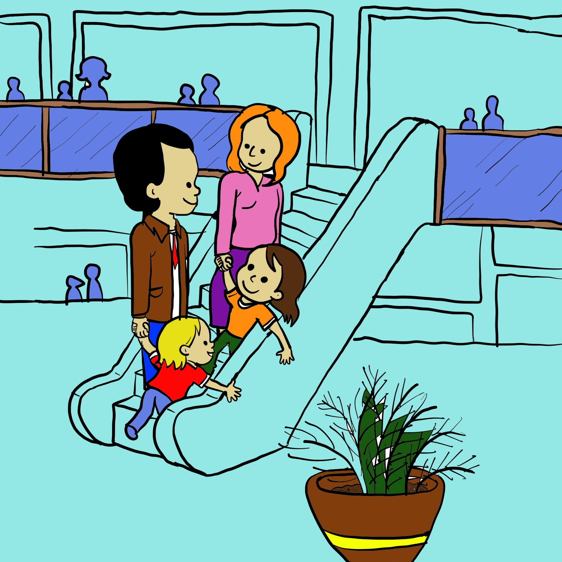 Cartoon illustration of a family riding an escalator inside a shopping mall.