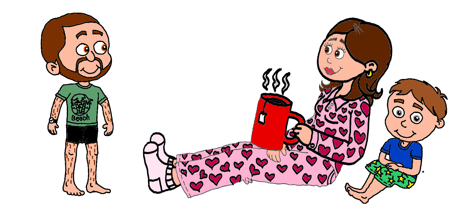 Family scene with a man, a woman holding a large red mug, and a child.
