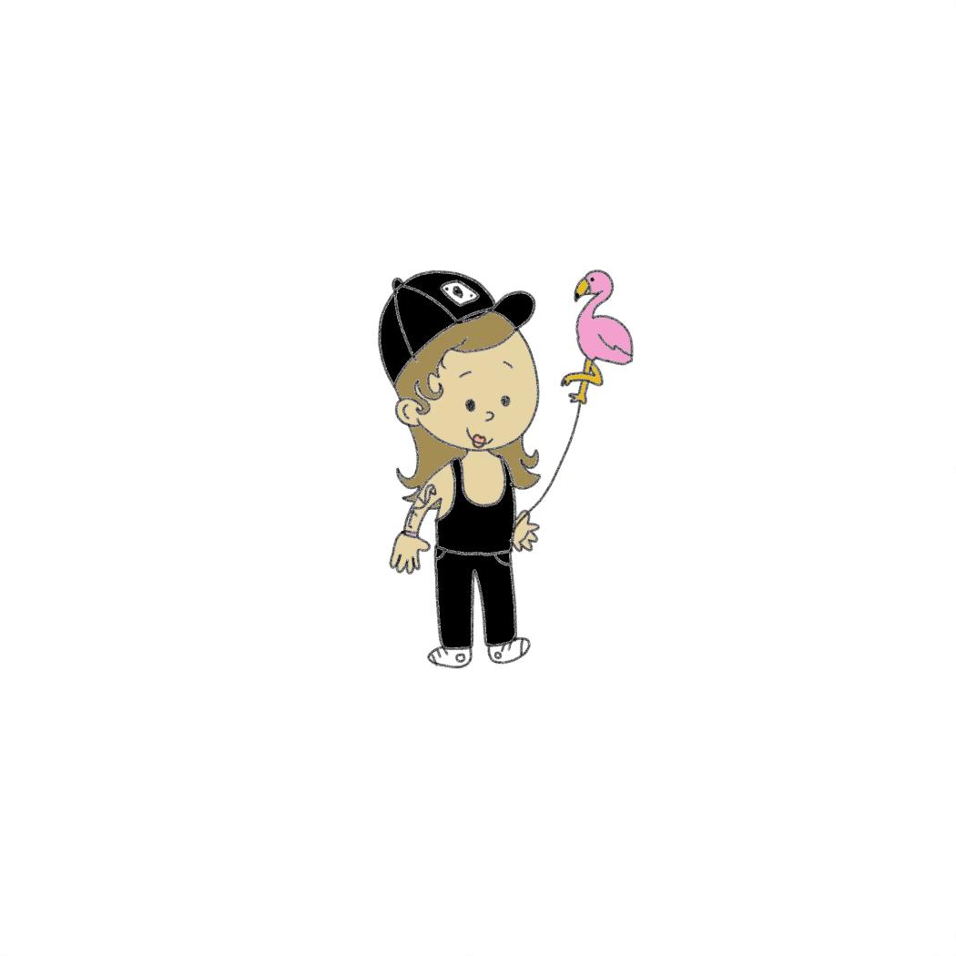 Simple illustration of a person holding a pink flamingo balloon.