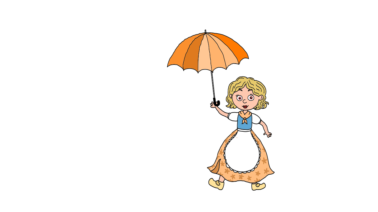 Cartoon girl in a floral dress holding a bright orange umbrella