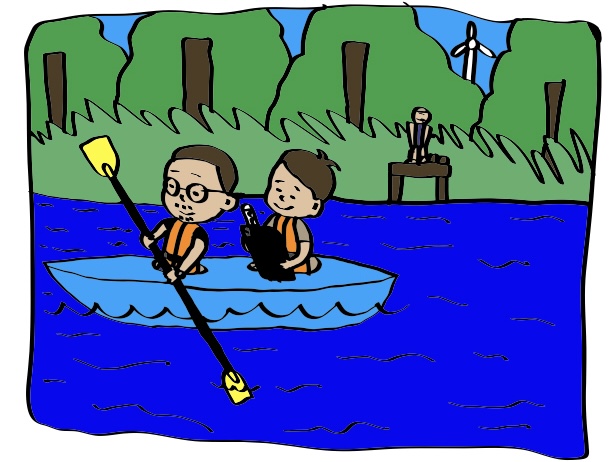 Two people in a blue kayak on water near a windmill.