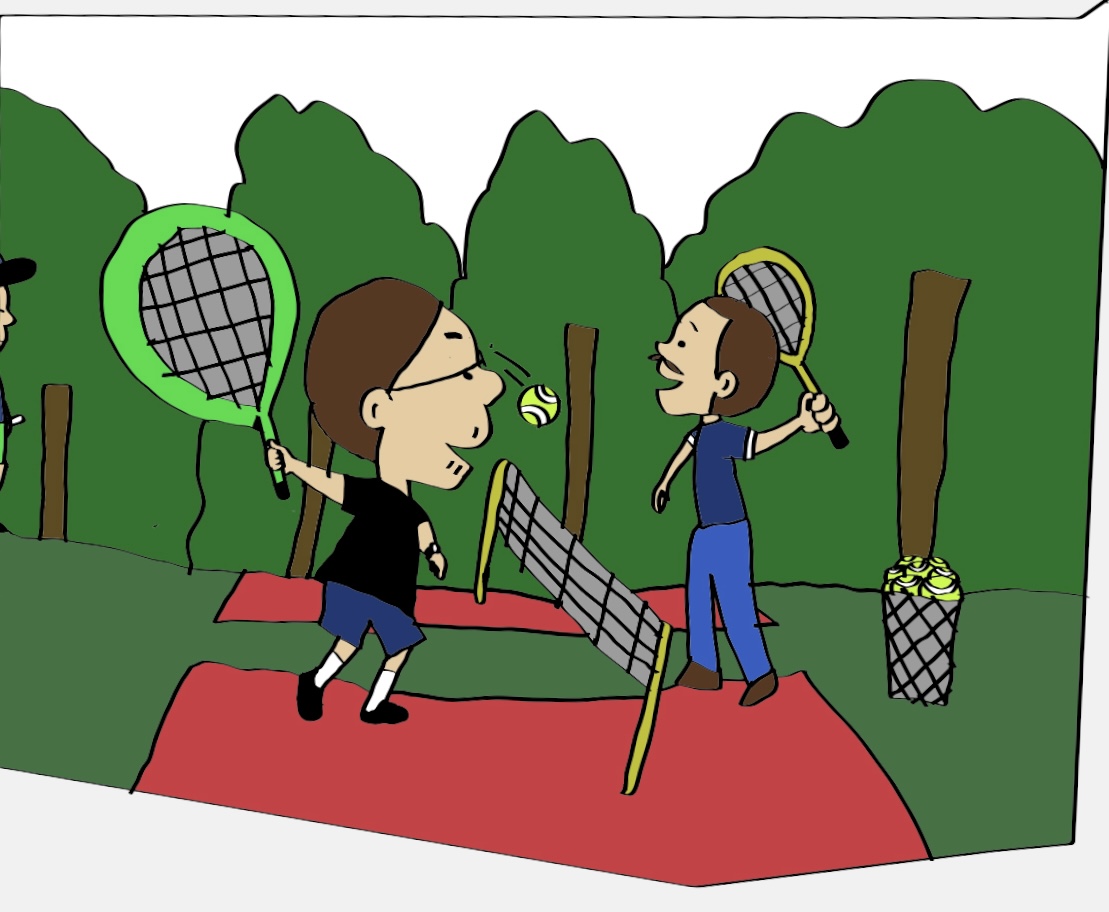 Two men playing tennis on a green court.
