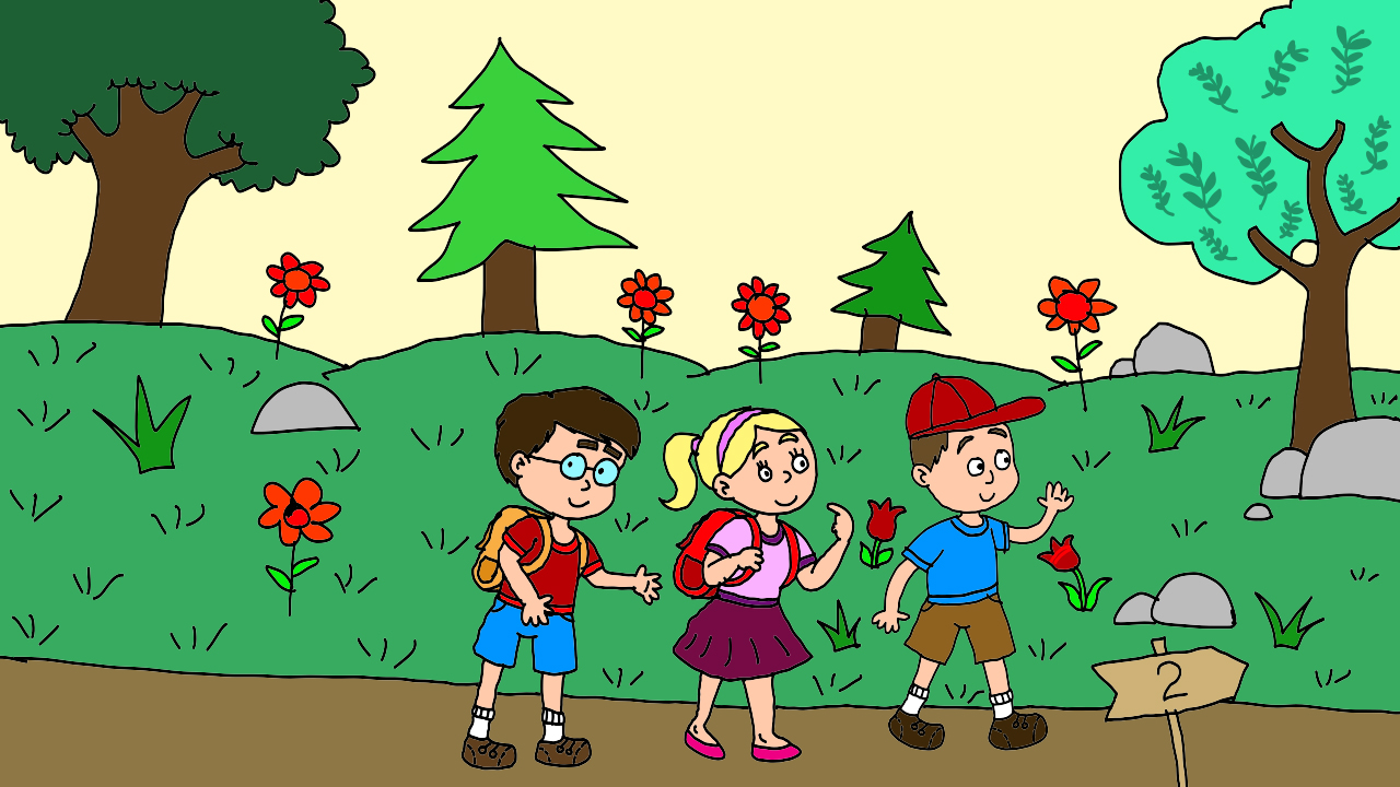 Children hiking through a flowery meadow with trees in the background.